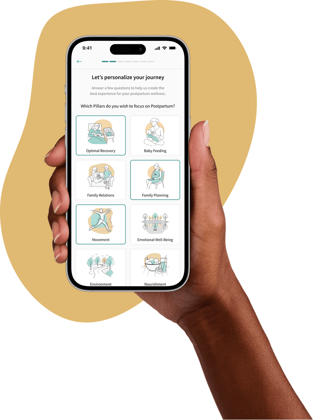 Dashboard of the Mone Wellness app showing the eight pillars of wellness and personalized postpartum content.