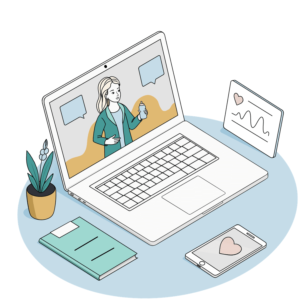 Laptop and smartphone showing Mone Wellness digital resources, including video education and health tracking tools.