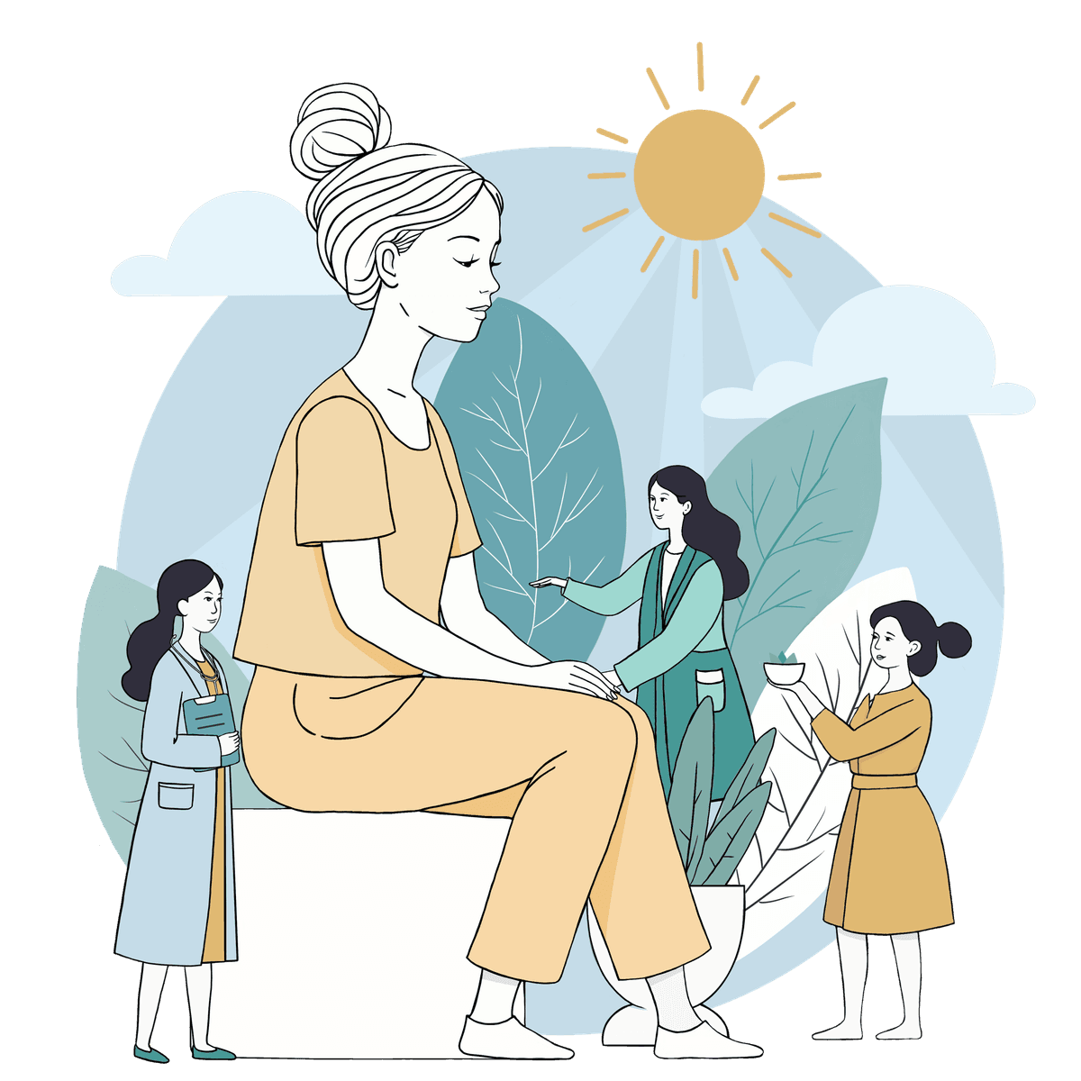 Illustration of a woman surrounded by supportive caregivers, representing holistic postpartum care at Mone Wellness.