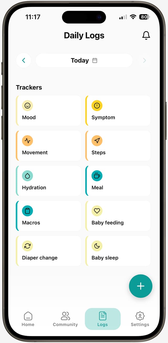Mone Wellness daily logs screen showing mood, symptom, movement, hydration, meal, macros, baby feeding, diaper change and baby sleep trackers.