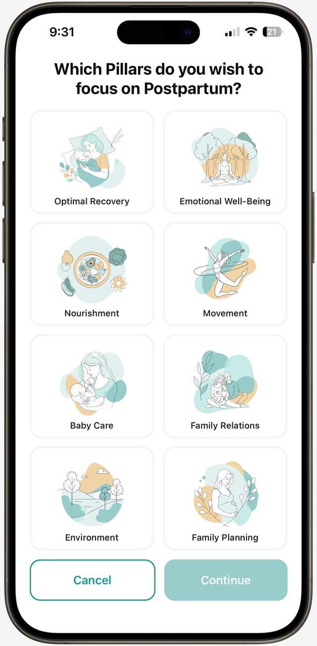 Mone Wellness onboarding quiz showing eight postpartum wellness pillars to personalize your experience.