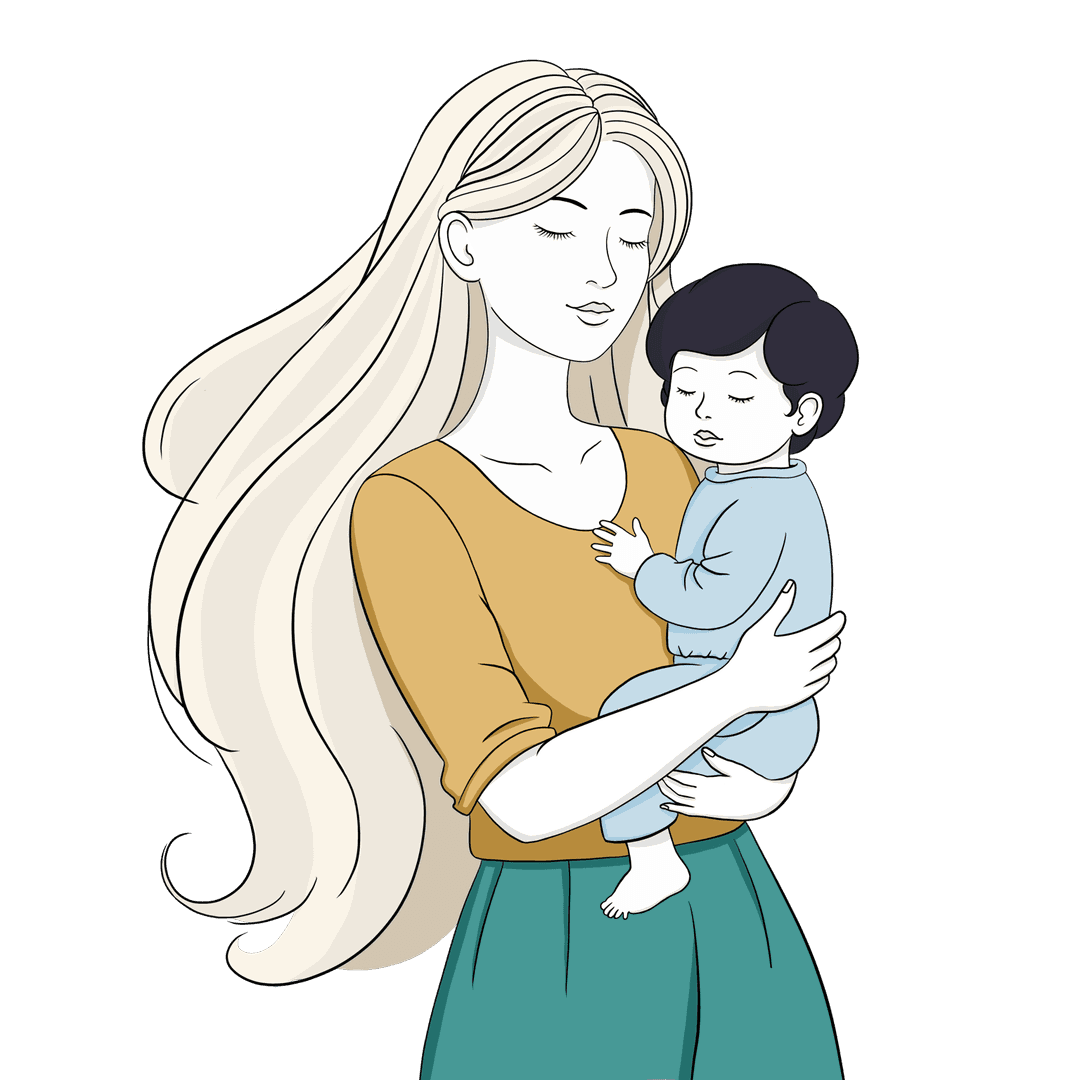 Illustration of a mother embracing her baby, symbolizing the emotional and physical connection supported by the Mone Wellness app.